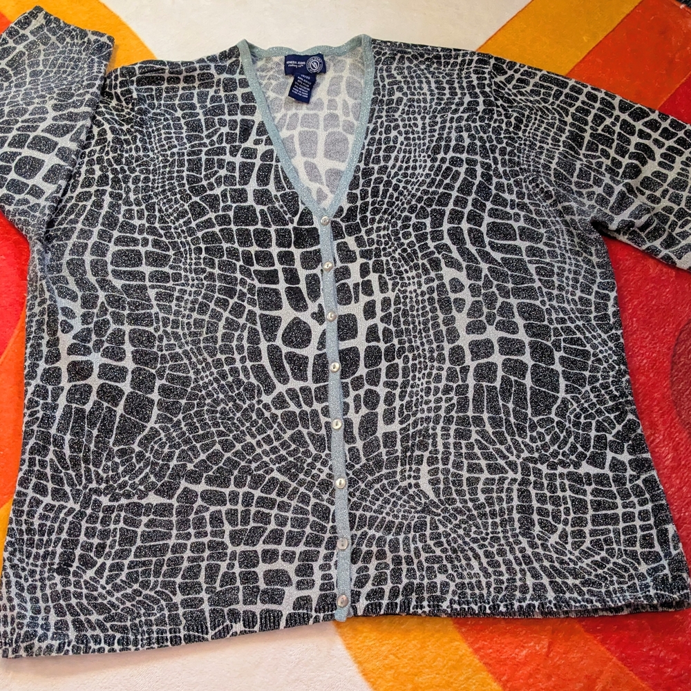 Vintage Y2K Venezia Jeans Black/White Animal Print Cardigan, Metallic Shimmer